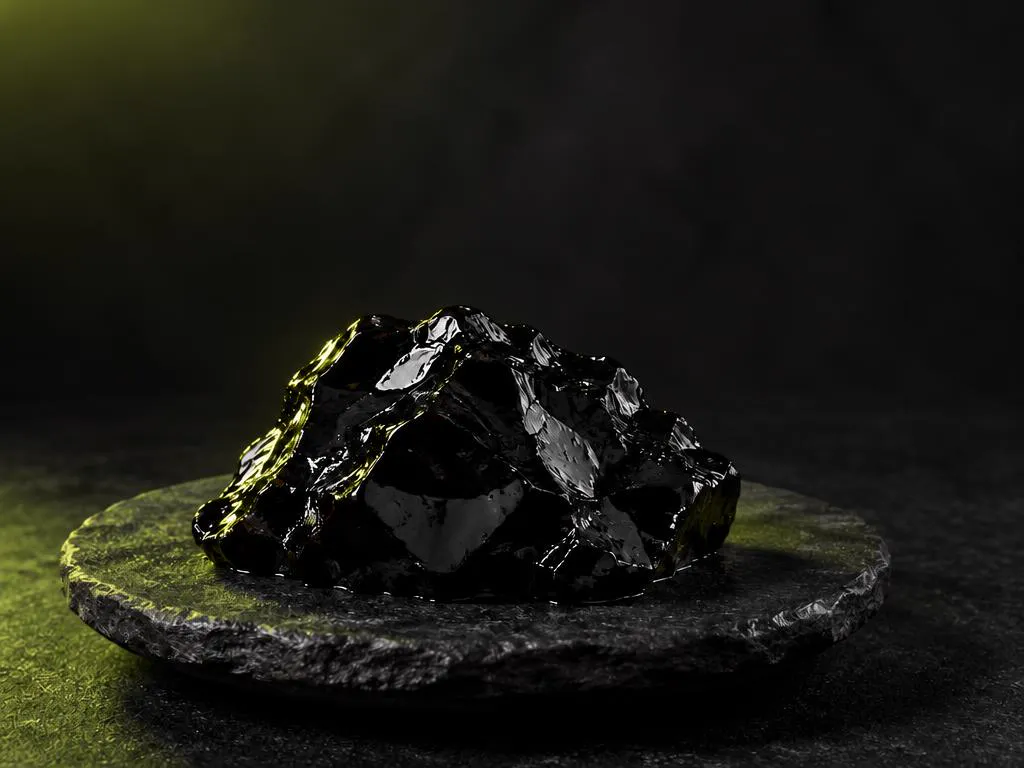 A glossy lump of black shilajit resin on a slate dish against a dark background
