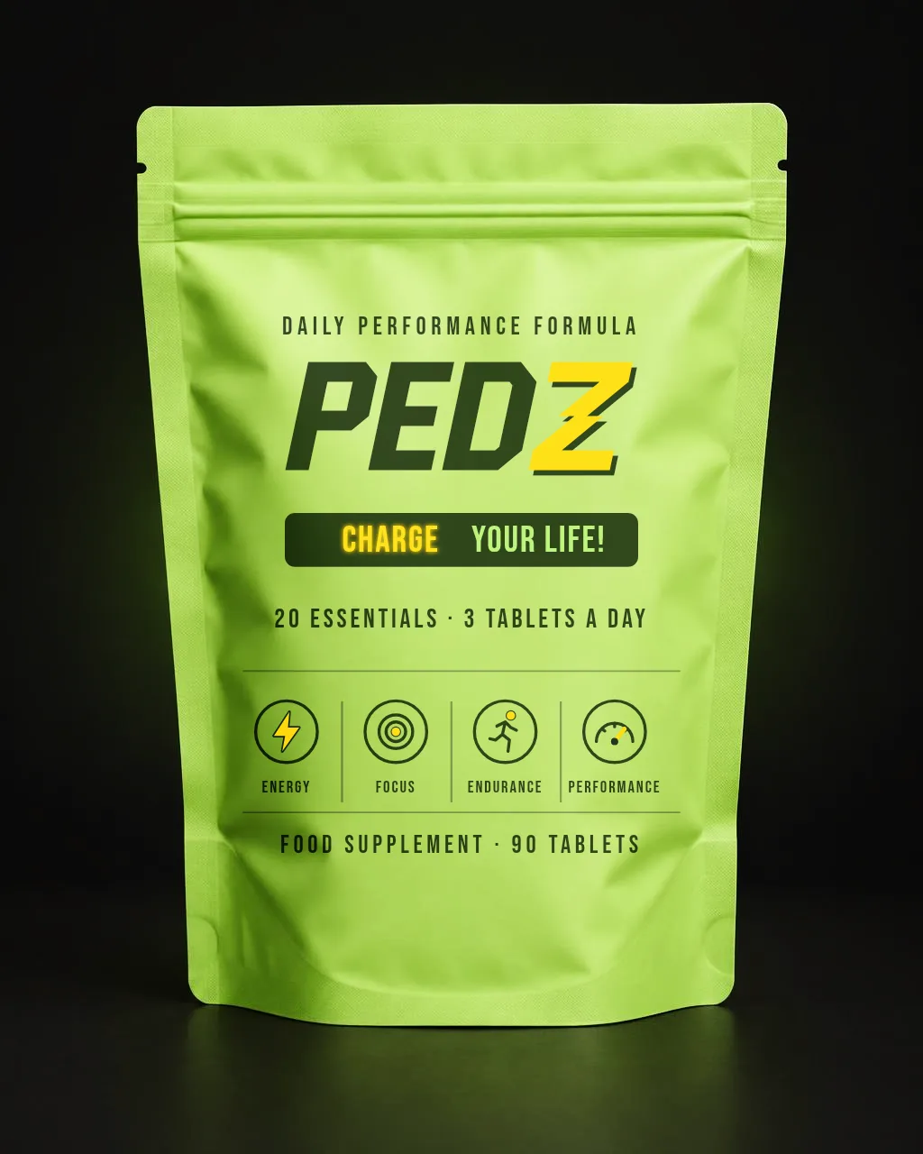 PEDZ Daily Formula matte lime-green stand-up pouch, front view, 90 tablets